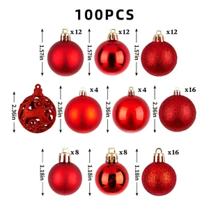 Size chart for 100pcs red Christmas ball set with matte and glitter finishes