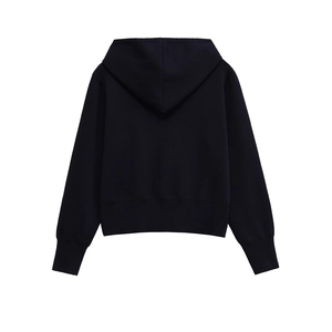 Navy blue knitted hoodie for women with ribbed cuffs and hem, back view on white background