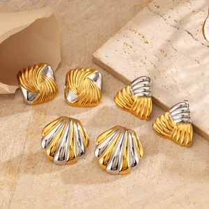 Vintage two-tone stainless steel earrings set featuring textured shell and fan shapes
