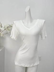Close-up of white slim fit V-neck short sleeve cotton t-shirt on mannequin