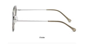 Detailed side view of silver metal temples and transparent grey cat eye frames