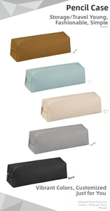 Detailed row of minimalist leather pencil cases in brown, blue, beige, grey and black colors