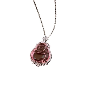 Pink zircon Maitreya Buddha pendant necklace with silver chain for women in Chinese style