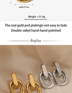 Detail of 21mm geometric hoop earrings with PVD gold plating and polished finish