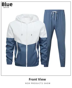 Front view of men's blue and white color-block tracksuit with a hooded jacket and pants