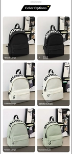 Size comparison chart showing small and large backpacks in black, white, and green colors