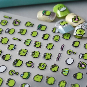 Stickers à ongles 5D mignons grenouilles vertes avec diverses expressions et textures