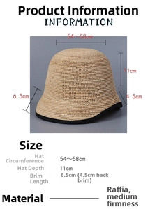 Detailed size chart for raffia bucket hat showing head circumference and brim dimensions