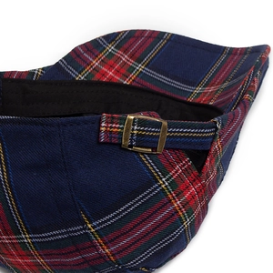 Classic navy plaid flat cap with adjustable metal buckle and woven vintage pattern