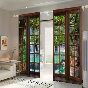Detailed 3D nature forest waterfall print on blackout curtains with wood frame design