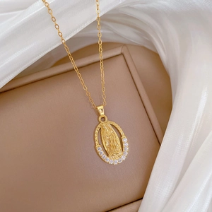 Luxurious gold oval Virgin Guadalupe portrait necklace with glittering zircon stones