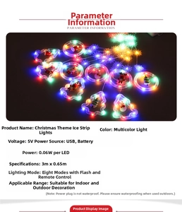 Detail of Christmas LED icicle lights with Santa, snowman, and reindeer shapes