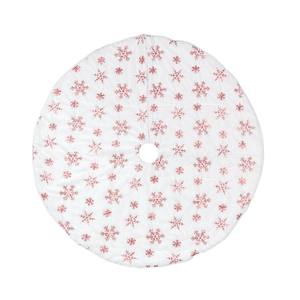 White plush Christmas tree skirt with red glitter snowflake patterns, 90cm or 122cm