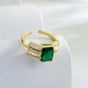 18K gold plated emerald cut green stone ring with side diamonds and adjustable band