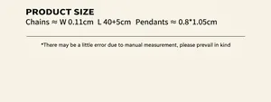 Detailed size chart showing 40+5cm chain length and 0.8x1.05cm oval pendant dimensions