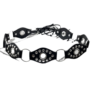 Y2K vintage black leather rivet belt with diamond pieces and silver metal rings