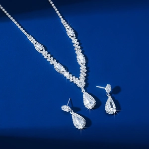 Elegant silver jewelry set with teardrop crystal necklace and matching earrings