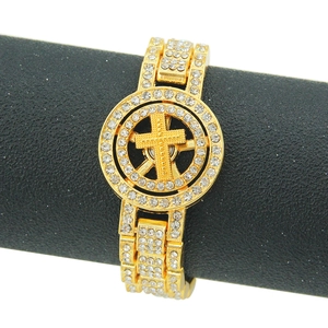 Hip Hop Iced Out Rotatable Cross Bracelet Alloy Rhinestone Watch Band Chain Bracelet For Men Biker Street Jewelry Gift