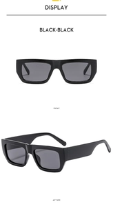 Front and side view of trendy black rectangular sunglasses with polished frames