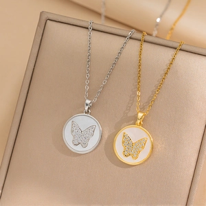 Butterfly Pendant Necklace Titanium Steel Gold Plated With Shell And Zircon Round Elegant Jewelry For Women Girls