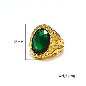 Retro stainless steel men's ring with oval green gemstone and woven texture details