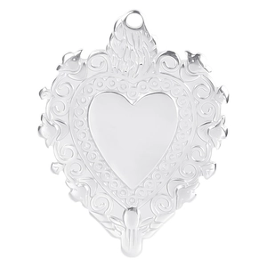 Polished silver heart pendant with intricate vintage scroll pattern and top hanging ring