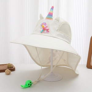 Close-up of unicorn sun hat with mesh vents and soccer whistle on windproof cord