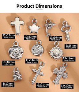 Detailed size specifications for DIY Y2K alloy charms including cross, star and heart shapes