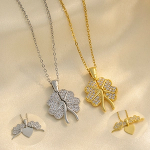 Creative Foldable Four Leaf Clover Heart Pendant Necklace Stainless Steel Rhinestone Inlaid Clavicle Chain Jewelry For Women Gift