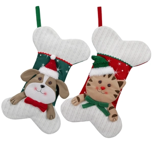 Christmas dog and cat stockings in bone shape with plush trim for holiday home decor