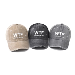 Distressed cotton trucker caps with WTF letter print and breathable mesh back in three colors