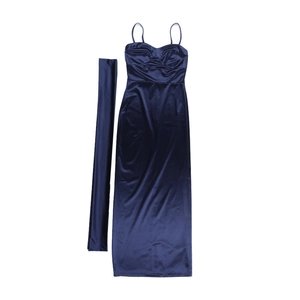Detail of navy blue satin evening dress showing glossy fabric and matching shawl