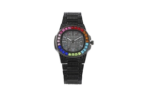 Macro shot of black iced-out watch with rainbow crystal octagonal bezel and pavé dial