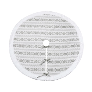 48-inch grey knit Christmas tree skirt with plush snowflake border and ties
