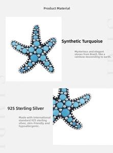 Detailed view of S925 sterling silver starfish earrings with synthetic turquoise inlay