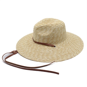 Flat top straw fedora hat with 13cm wide brim and brown ribbon for sun protection