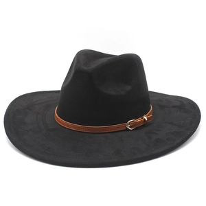 Wide Brim Fedora Hat Suede Fabric Faux Leather Belt Metal Buckle Jazz Cowboy Style For Men Women