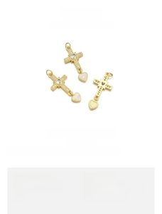 Detail of 18K gold plated copper heart cross pendant with opal and zircon, 16x32mm size