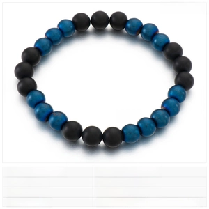 Detailed view of 8mm agate and hematite beads bracelet with blue and black matte texture