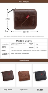 Detailed size specifications for MenBense short zipper wallet featuring a trifold design