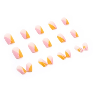 Square orange and pink press-on nails with cute floral patterns and glossy finish