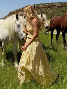 Two-piece yellow boho set with smocked tube top and layered maxi skirt in nature
