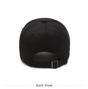 Detailed back view of black baseball cap with adjustable metal buckle closure