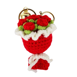 Handmade knitted rose flower bouquet keychain with a golden bell and lobster clasp