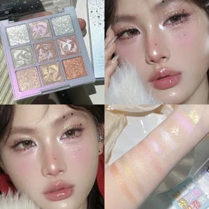 Detail of 9-color glitter eyeshadow palette with shimmering swatches and makeup looks