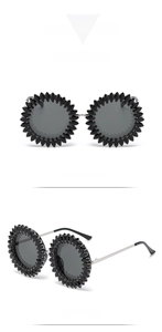 Front and side display of black flower cluster crystal sunglasses with polished metal temples