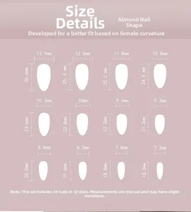 Tableau des tailles pour 12 ongles amande avec mesures de 7,3 mm à 13,9 mm de large