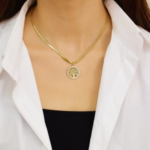Golden Tree of Life pendant necklace with white zircon pavé and sleek snake chain