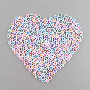 White acrylic flat round alphabet beads with colorful A-Z letters for DIY jewelry making