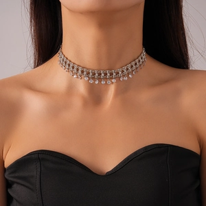 Rhinestone Zircon Fringe Choker Necklace Alloy Multi Row Wide Tassel Sparkling Party Jewelry For Women